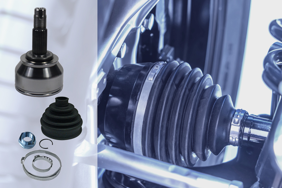 Componenti della trasmissione Magneti Marelli Parts & Services: semiassi, giunti omocinetici e cuffie per il ricambio, con dettaglio di semiasse montato su veicolo.