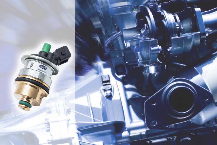 Immagine di un iniettore GPL Magneti Marelli Parts & Services per vetture a GPL a sinistra e un motore generico a destra. L'iniettore rappresenta la nuova gamma di componenti dedicati ai veicoli GPL.