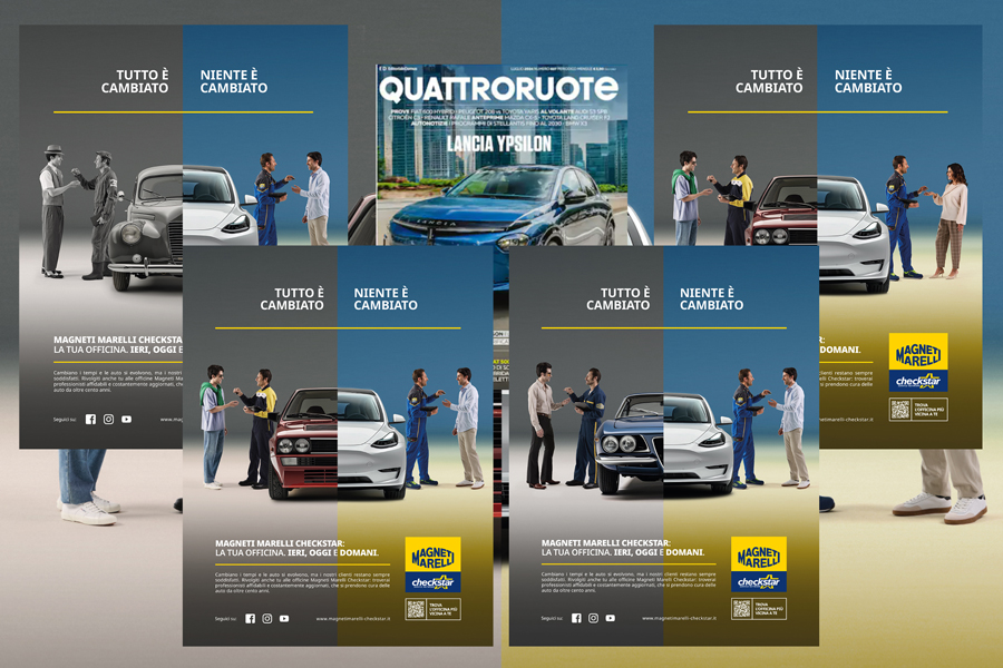 Campagna pubblicitaria Magneti Marelli Checkstar 'Tutto è Cambiato, Niente è Cambiato' su Quattroruote 2024: immagine divisa verticalmente a metà con auto tipiche delle quattro decadi a sinistra e un'auto moderna a destra, sfondo con copertina della rivista Quattroruote