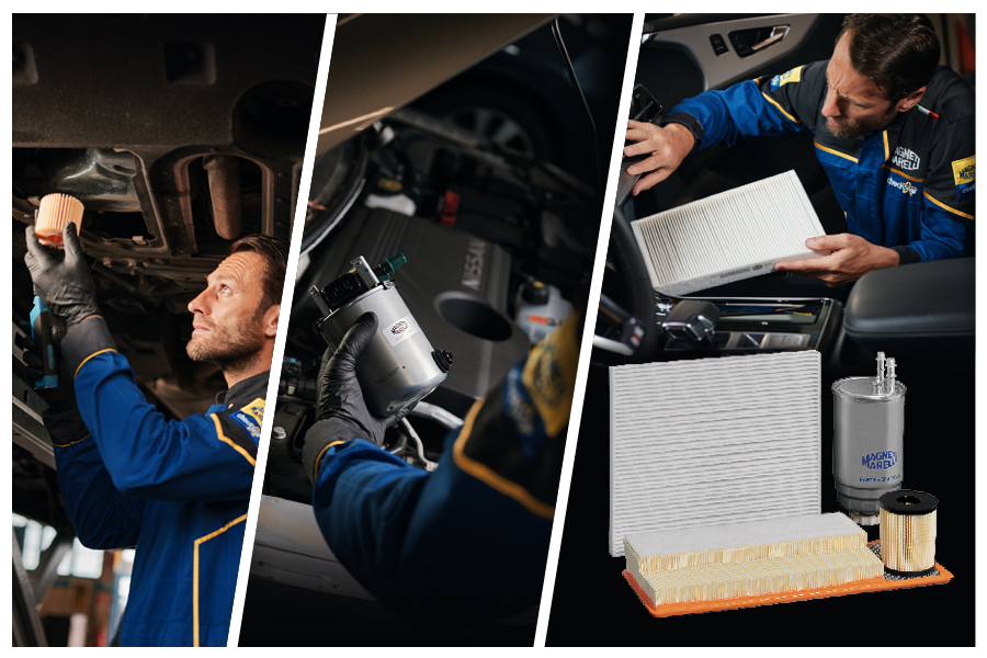 Meccanico con tuta Magneti Marelli Checkstar applica filtri auto: olio motore, filtro carburante diesel e filtro abitacolo. In evidenza gamma completa di filtri Magneti Marelli Parts & Services.