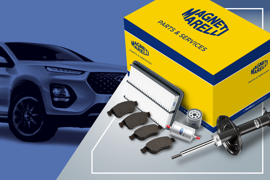 Scatola giallo-blu Magneti Marelli Parts & Services e ricambi (pastiglie freno, filtri aria/olio/carburante, ammortizzatore) con vettura cinese sullo sfondo