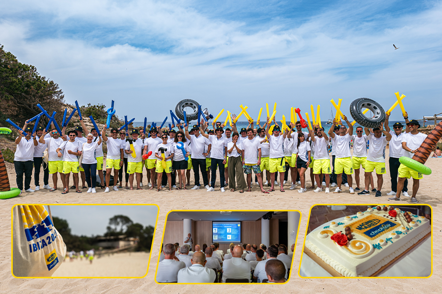 Collage con momenti salienti dell'incentive Magneti Marelli Checkstar 2025 a Ibiza: sessioni formative, attività outdoor e confronto tra professionisti del settore.