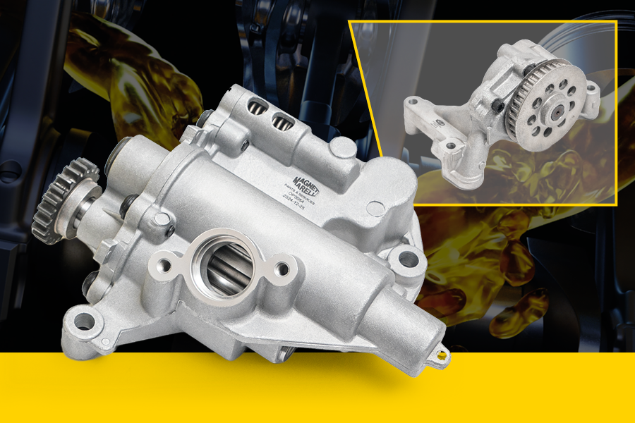 Pompe olio motore Magneti Marelli Parts & Services - pompe a rotore in primo piano e pompa olio automotive in secondo piano