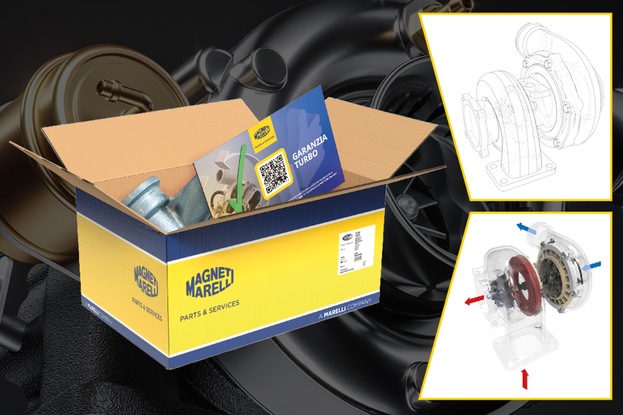 Confezione Magneti Marelli Parts & Services con turbocompressore, cartolina Garanzia Turbo e disegni tecnici del componente