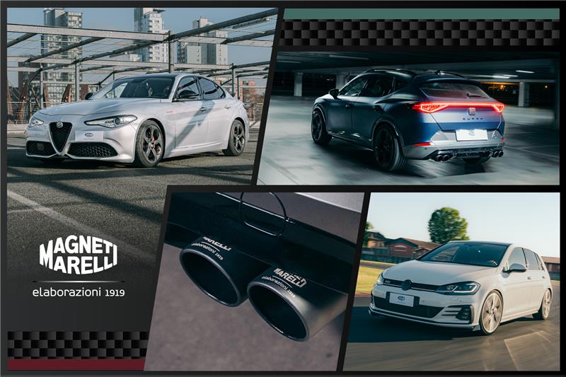 Collage di immagini con Alfa Romeo Giulia, Cupra Formentor e Volkswagen Golf VII, insieme al dettaglio di un doppio terminale di scarico con logo Magneti Marelli Elaborazioni 1919, rappresentativo della gamma di componenti per soft-tuning.