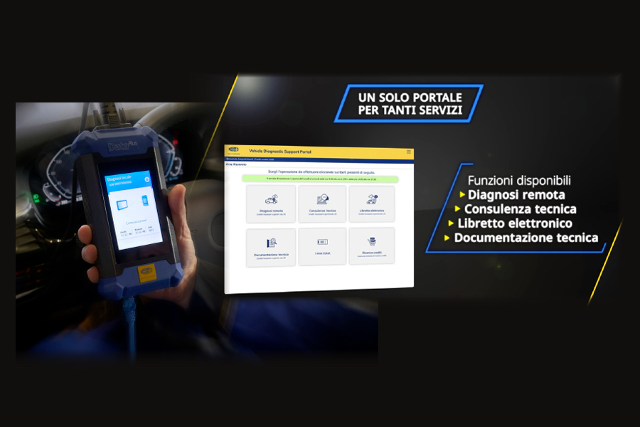 Collage di due immagini: a sinistra, un test diagnostico per automobili all'interno dell'editacolo, con un cavo Ethernet in uscita; a destra, la schermata principale del Vehicle Diagnostic Support Portal di Magneti Marelli Parts & Services