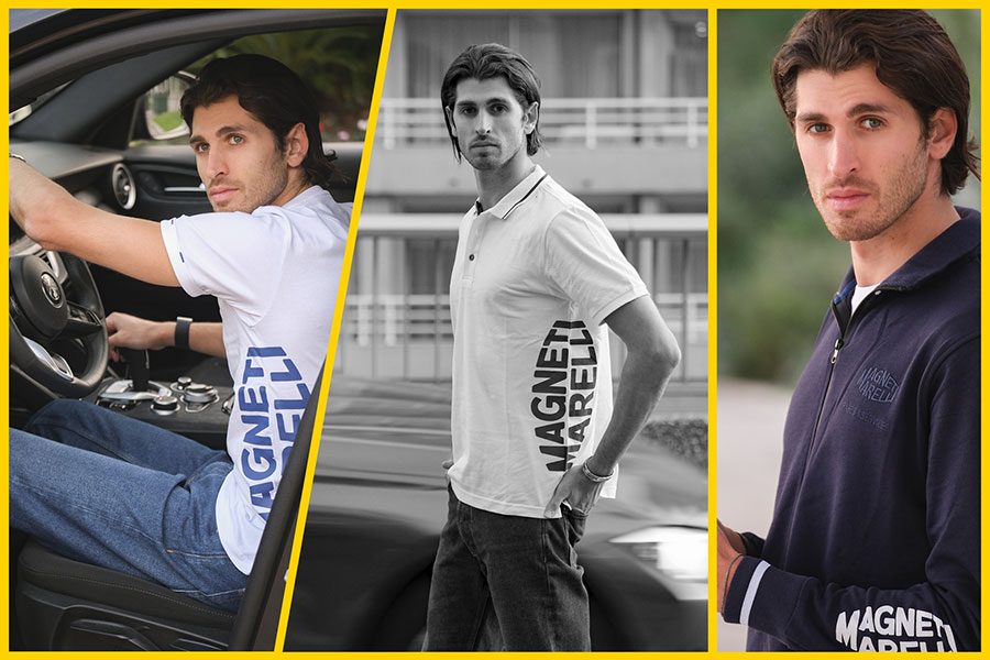 Antonio Giovinazzi con abbigliamento Magneti Marelli Parts & Services: t-shirt bianca, polo bianca e felpa blu