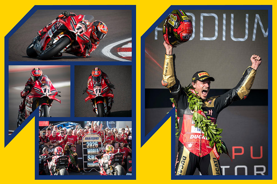 Nicolò Bulega campione SBK 2026 in gara, con il team Ducati e sul podio, con il logo Magneti Marelli Checkstar sul casco