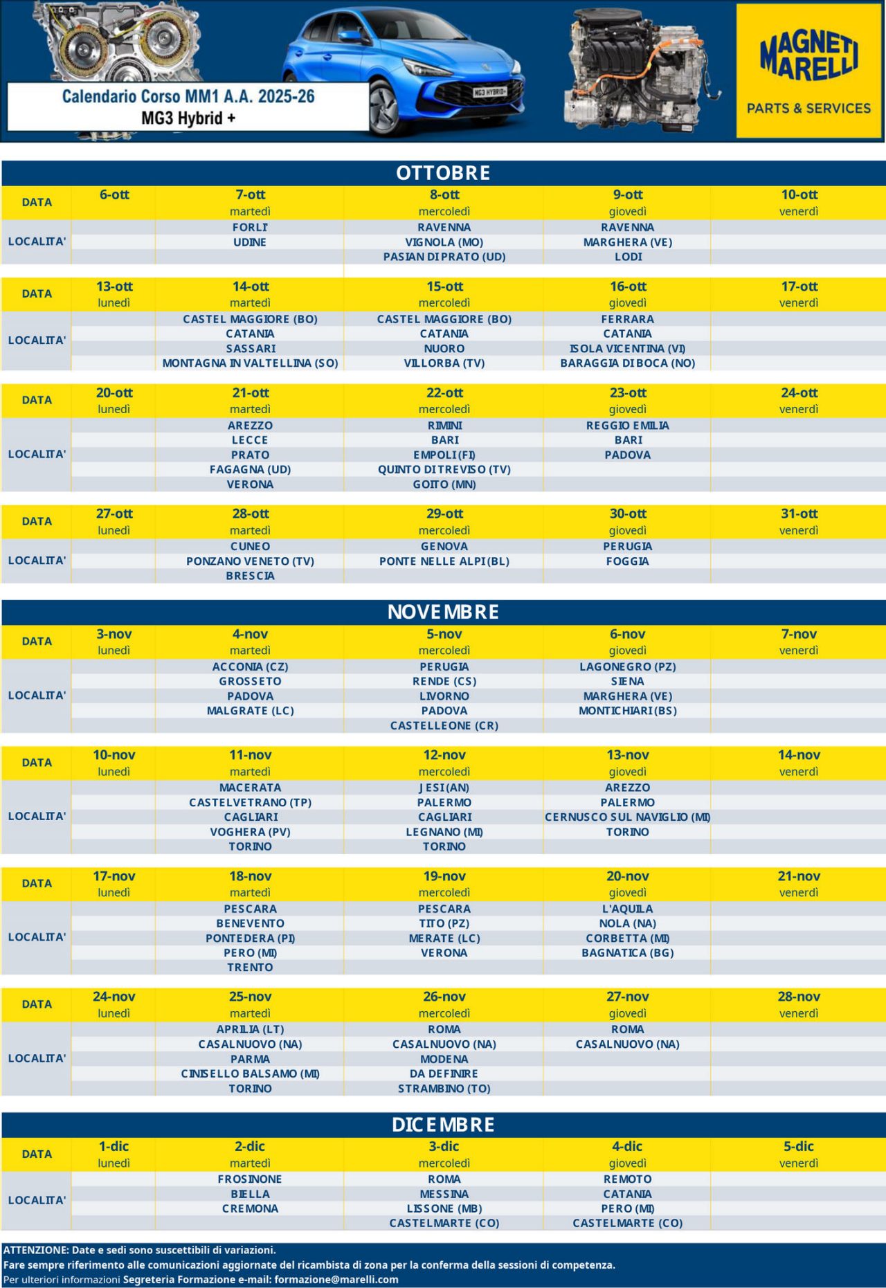 Calendario Corso MM1 (2025-2026)  per autoriparatori | MG3 Hybrid +
